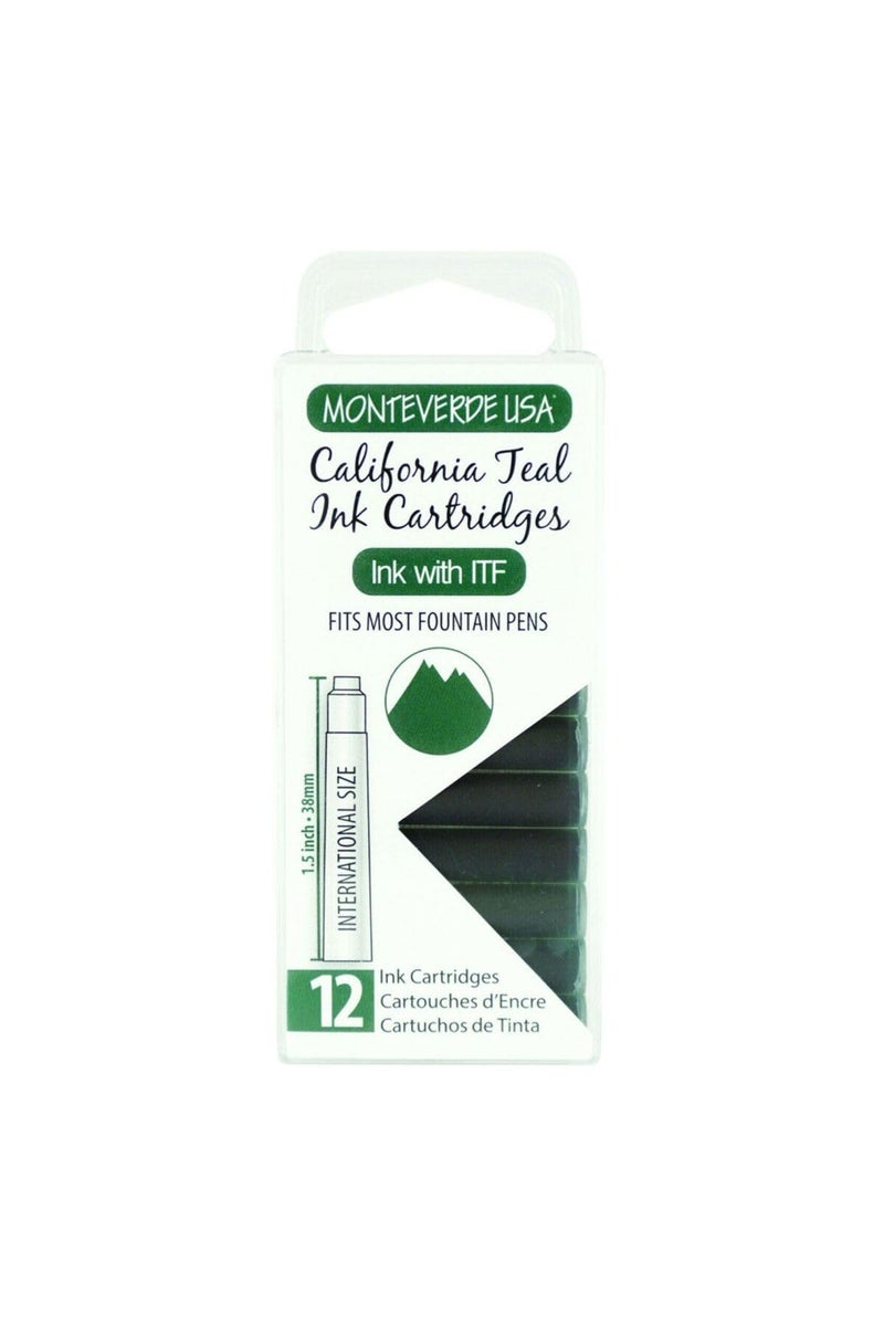 Monteverde USA International Standard Ink Cartridges - California Teal - Vibrant and Refreshing Writing Ink, Compatible with Most Fountain Pens, 12-Pack Box - Image 1